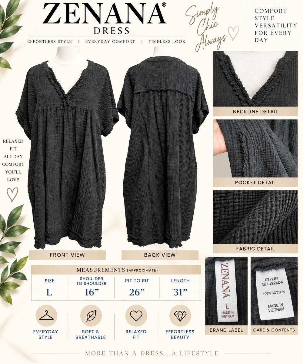 Zenana double-gauze short-sleeve dress*Black*Oversized
